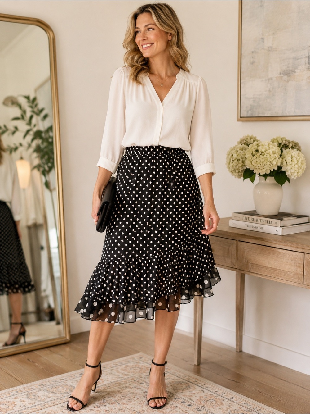 Anthony Richards Black White Polka Dot Ruffle Midi Skirt Petite 8 Vintage